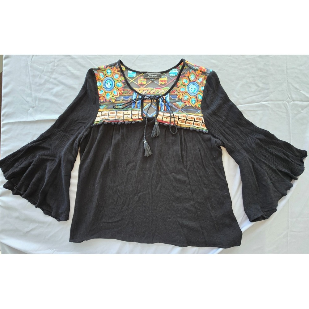 Minkas Boho Embroidered Floral Tunic Top Mesh Black Bell Sleeve Peasant W Sz XL